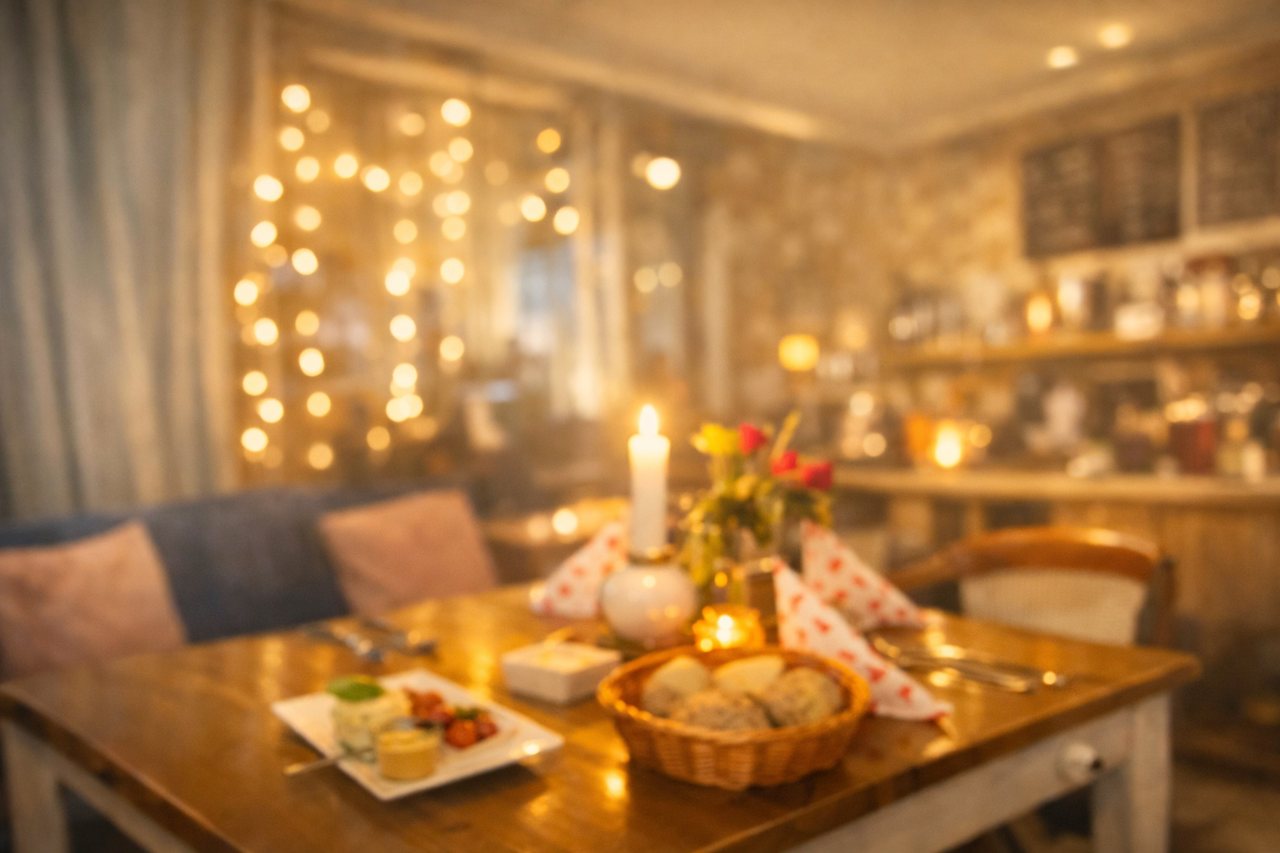 Ein gedeckter Tisch im warm beleuchteten Café Dörrenbach